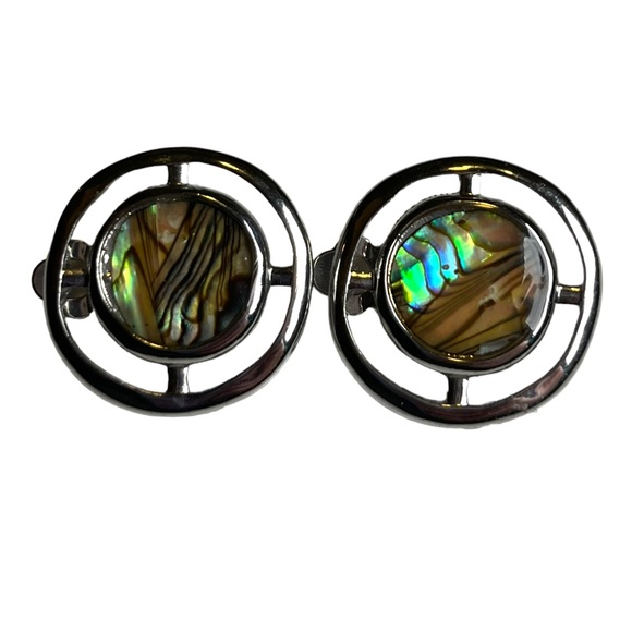 Silver Tone Abalone Shell Clip on Earrings - Picture 2 of 6